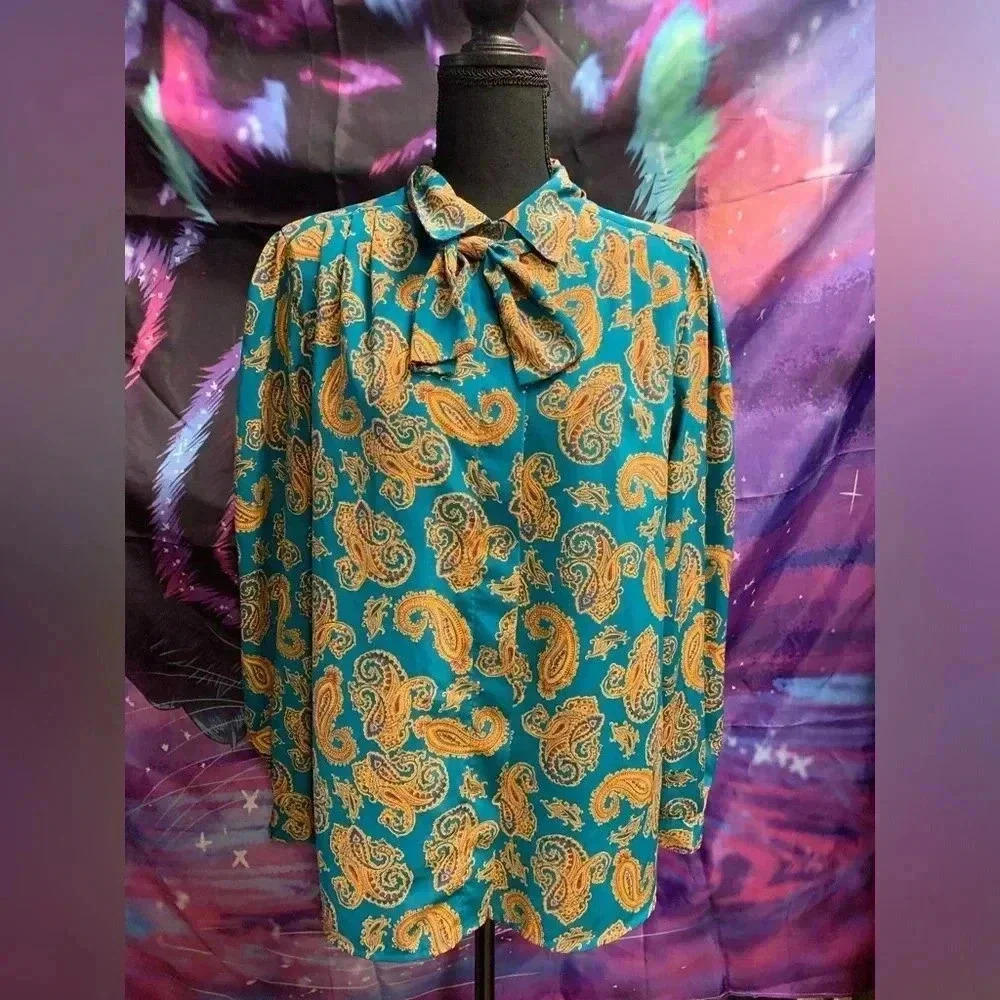Vintage Paisley Print Blouse with Bow Tie